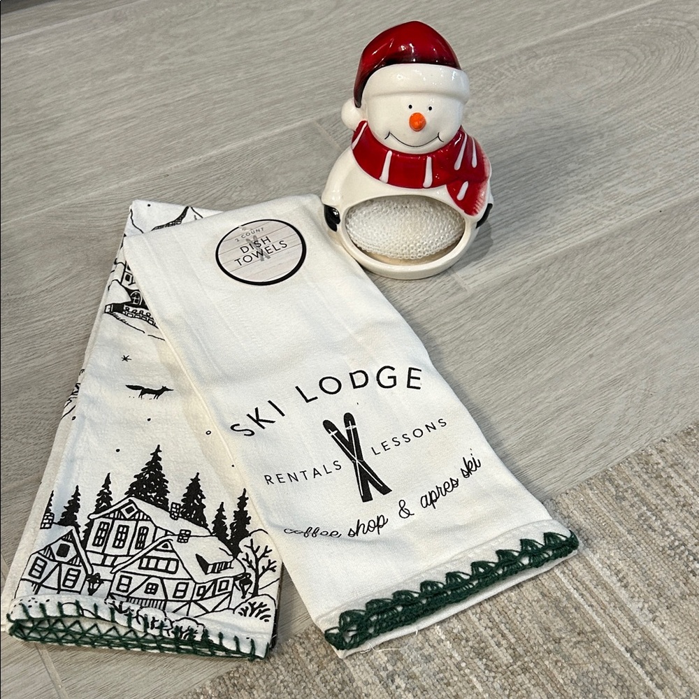 Ski Lodge Themed Kitchen Towels & Snowman Soap Scrubby Holder